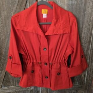 Ruby Rd. Jacket Women's Size 14 Red Button Up Drawstring Shirt 3/4 Sleeve Collar